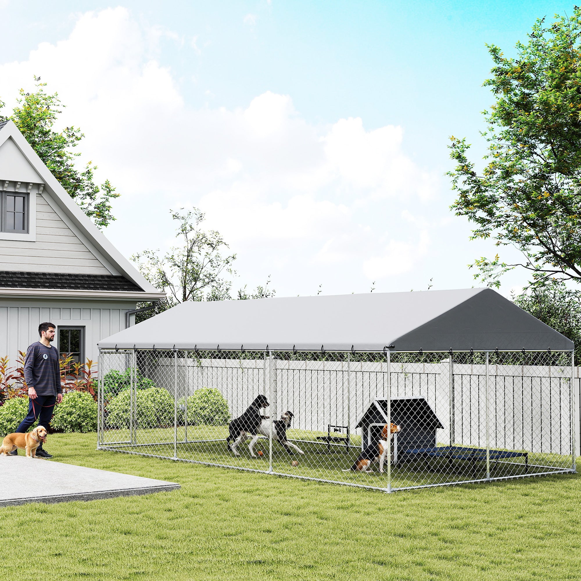 Galvanized Steel Outdoor Dog Kennel with Roof - 19.7' x 9.8' Silver-Dogs-DECOROLALA