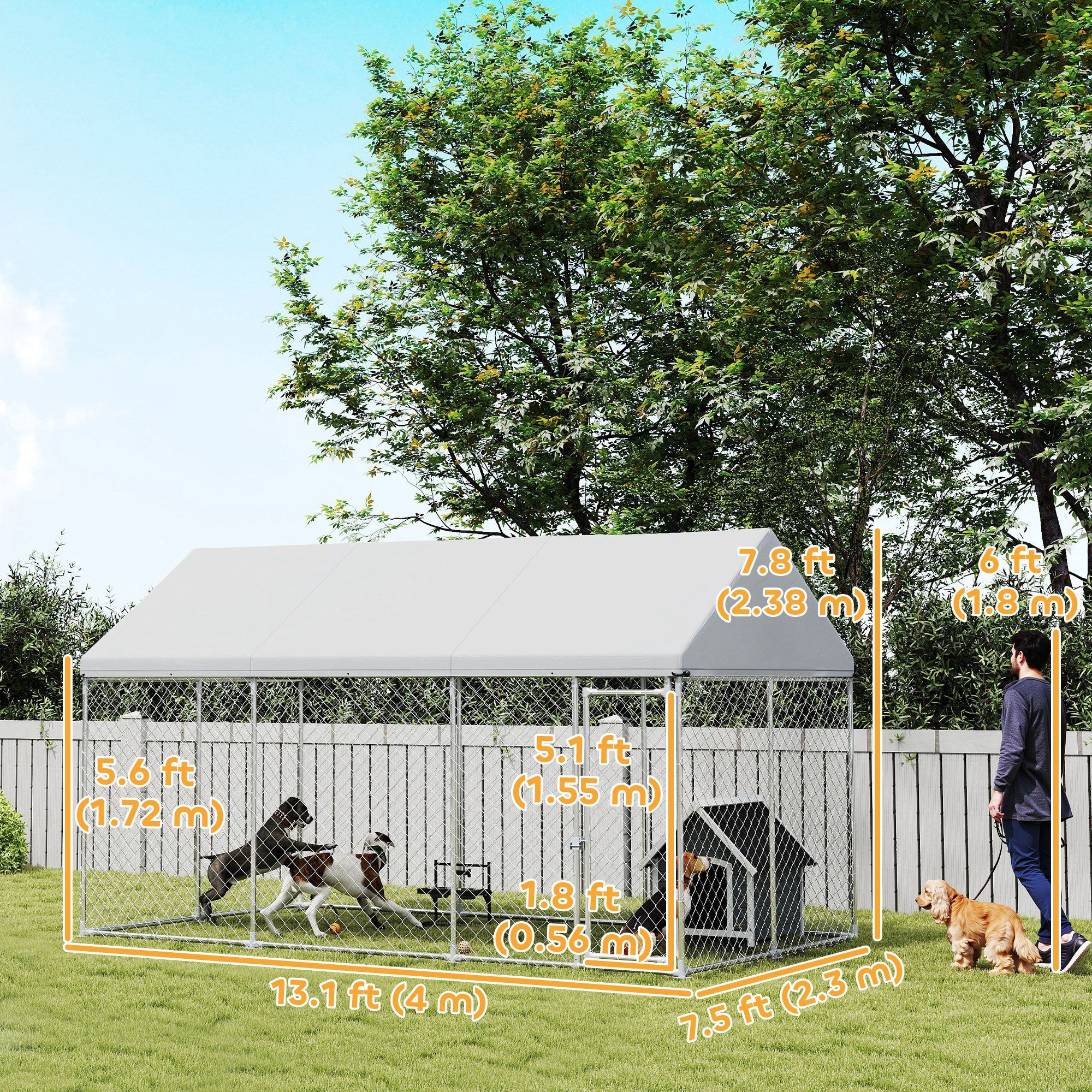 Galvanized Steel Outdoor Dog Kennel with Roof, Safety Lock, for Backyard, 13.1' x 7.5' x 7.8'-Dogs-DECOROLALA