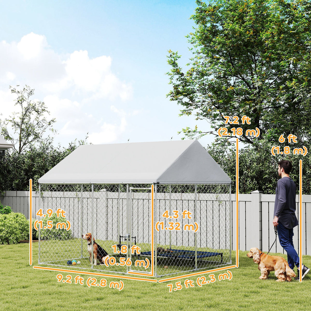 Galvanized Steel Outdoor Dog Kennel with Waterproof Roof - 9.2'x7.5'-Dogs-DECOROLALA