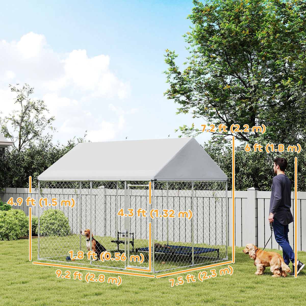 Galvanized Steel Outdoor Dog Kennel with Waterproof Roof - 9.2'x7.5'-Dogs-DECOROLALA