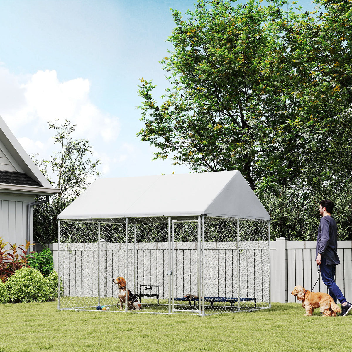 Galvanized Steel Outdoor Dog Kennel with Waterproof Roof - 9.2'x7.5'-Dogs-DECOROLALA