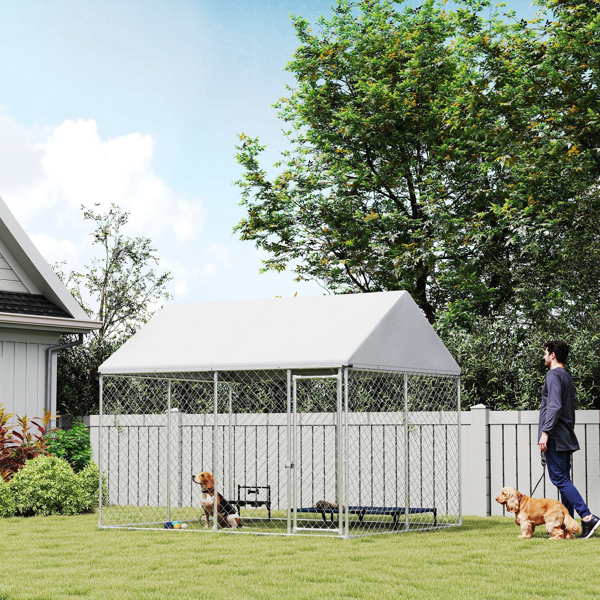 Galvanized Steel Outdoor Dog Kennel with Waterproof Roof - 9.2'x7.5'-Dogs-DECOROLALA