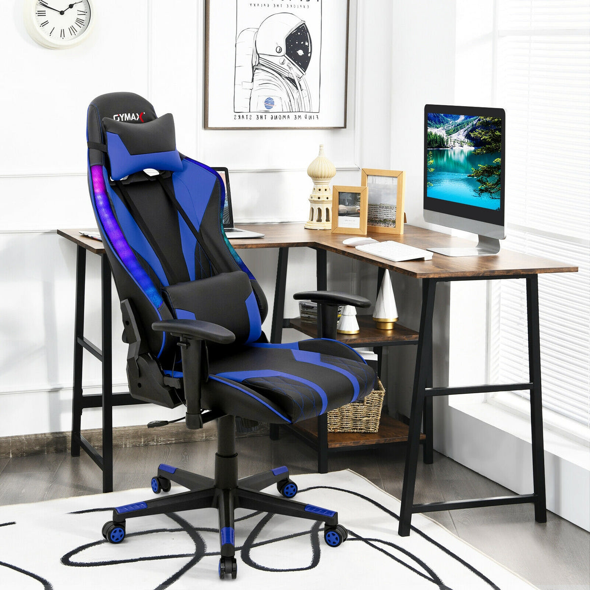 Gaming Chair Adjustable Swivel Computer Chair with Dynamic LED Lights-Blue-Gaming Chairs-DECOROLALA