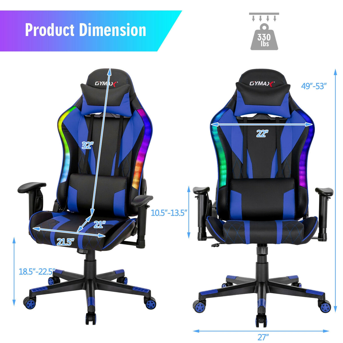 Gaming Chair Adjustable Swivel Computer Chair with Dynamic LED Lights-Blue-Gaming Chairs-DECOROLALA