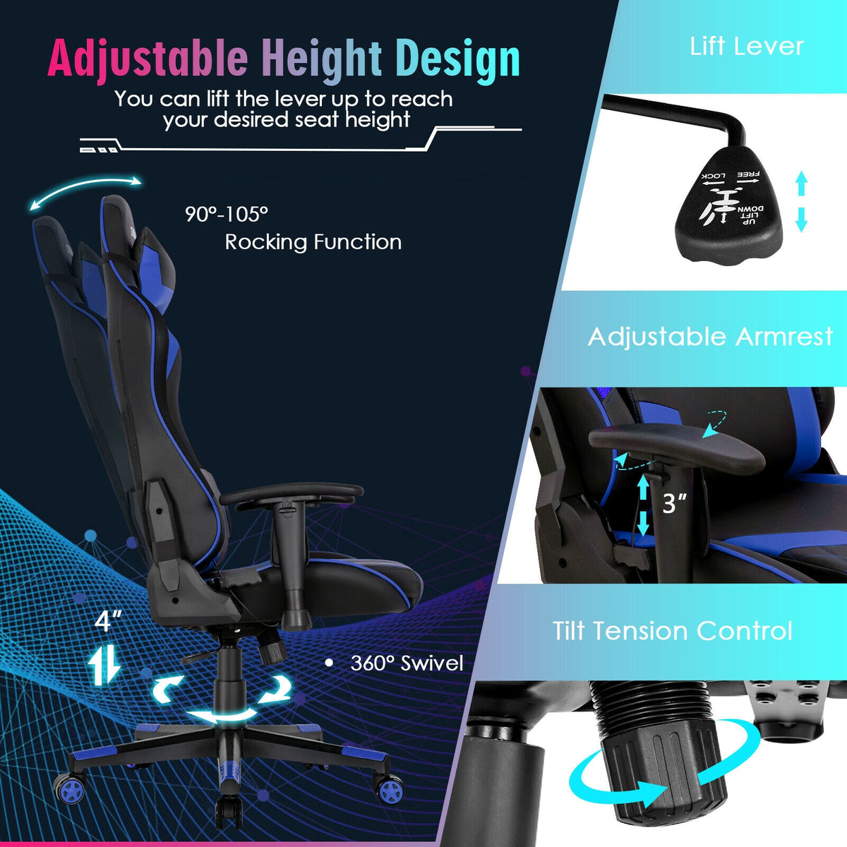 Gaming Chair Adjustable Swivel Computer Chair with Dynamic LED Lights-Blue-Gaming Chairs-DECOROLALA