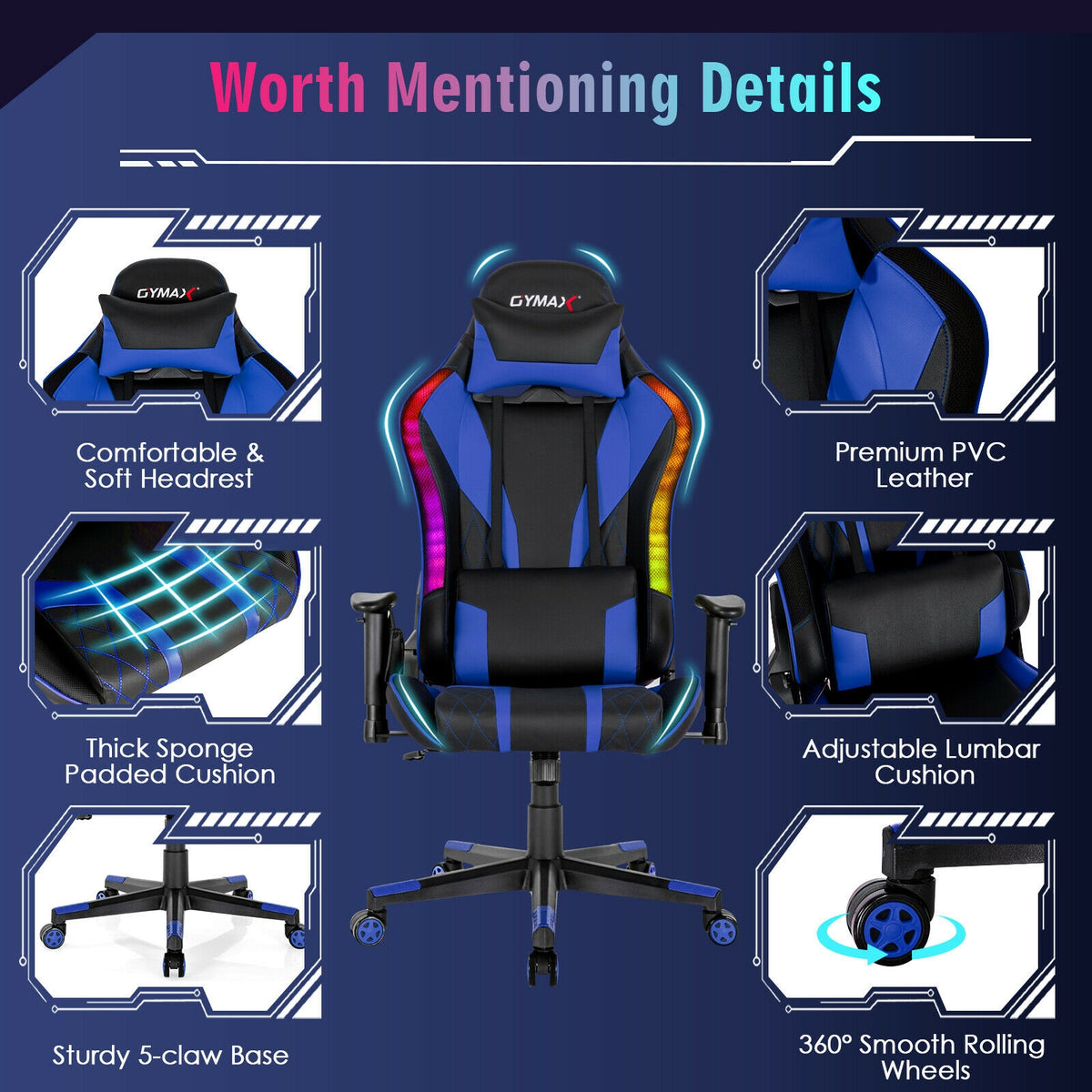 Gaming Chair Adjustable Swivel Computer Chair with Dynamic LED Lights-Blue-Gaming Chairs-DECOROLALA