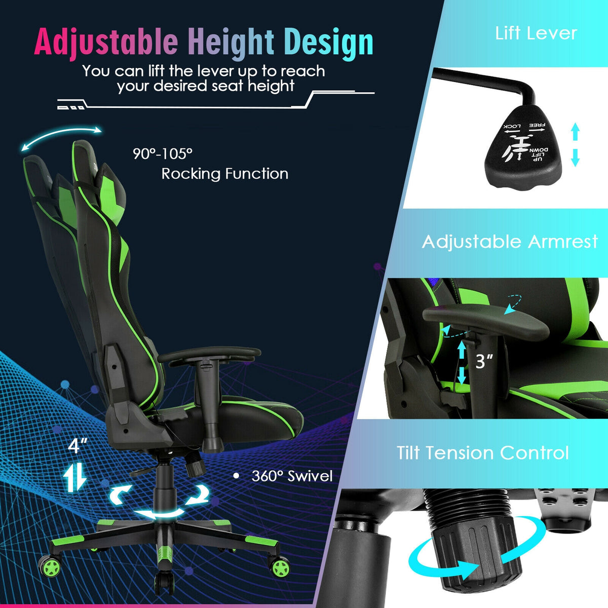 Gaming Chair Adjustable Swivel Computer Chair with Dynamic LED Lights-Green-Gaming Chairs-DECOROLALA