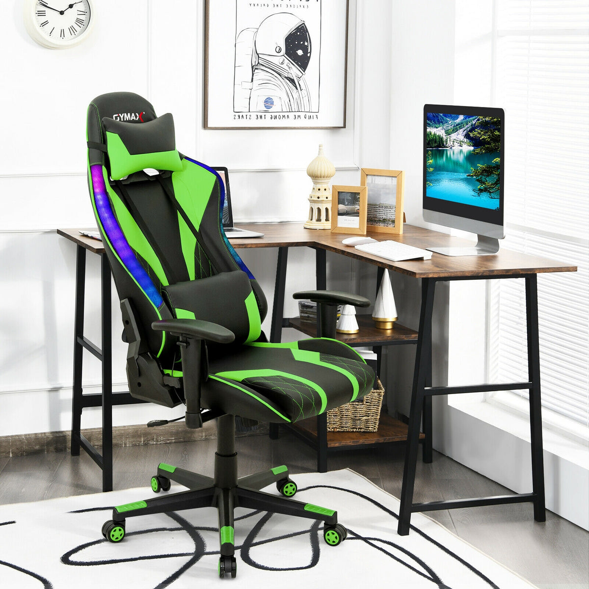 Gaming Chair Adjustable Swivel Computer Chair with Dynamic LED Lights-Green-Gaming Chairs-DECOROLALA