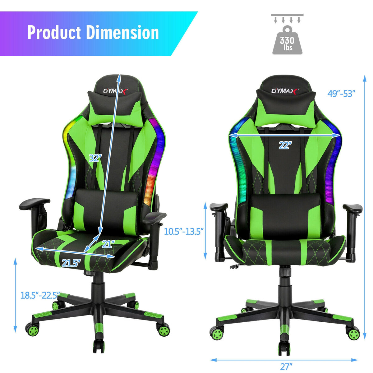 Gaming Chair Adjustable Swivel Computer Chair with Dynamic LED Lights-Green-Gaming Chairs-DECOROLALA