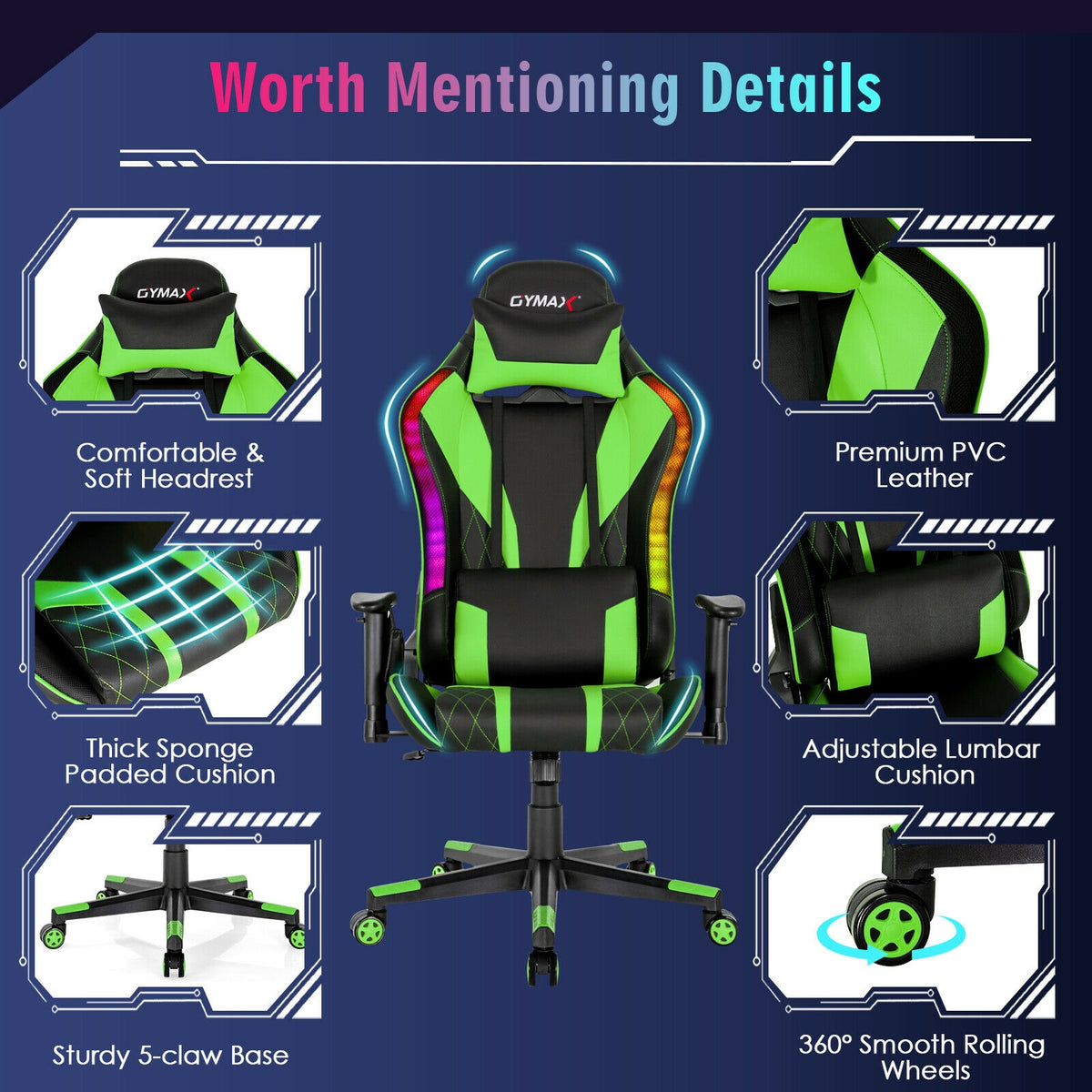 Gaming Chair Adjustable Swivel Computer Chair with Dynamic LED Lights-Green-Gaming Chairs-DECOROLALA