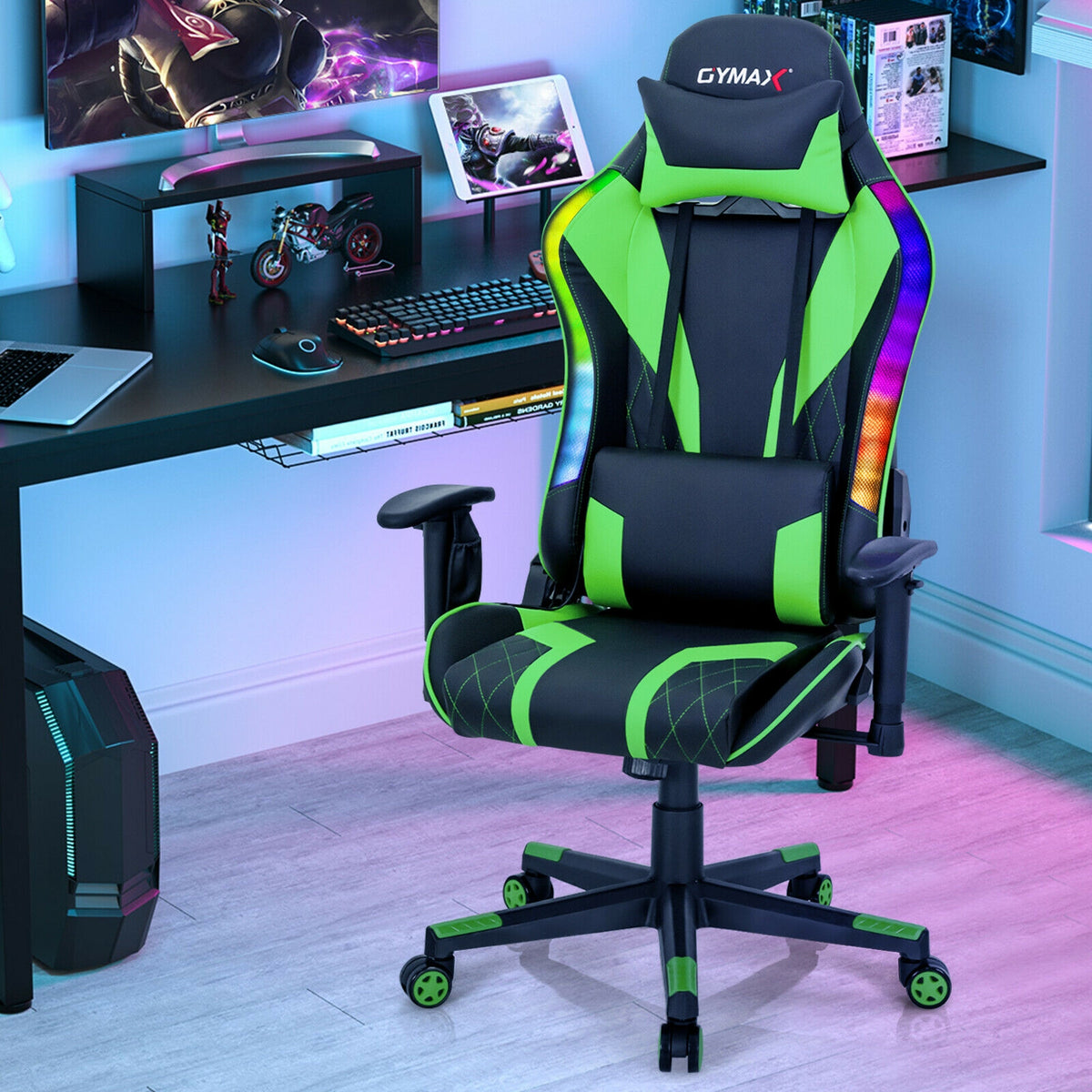 Gaming Chair Adjustable Swivel Computer Chair with Dynamic LED Lights-Green-Gaming Chairs-DECOROLALA