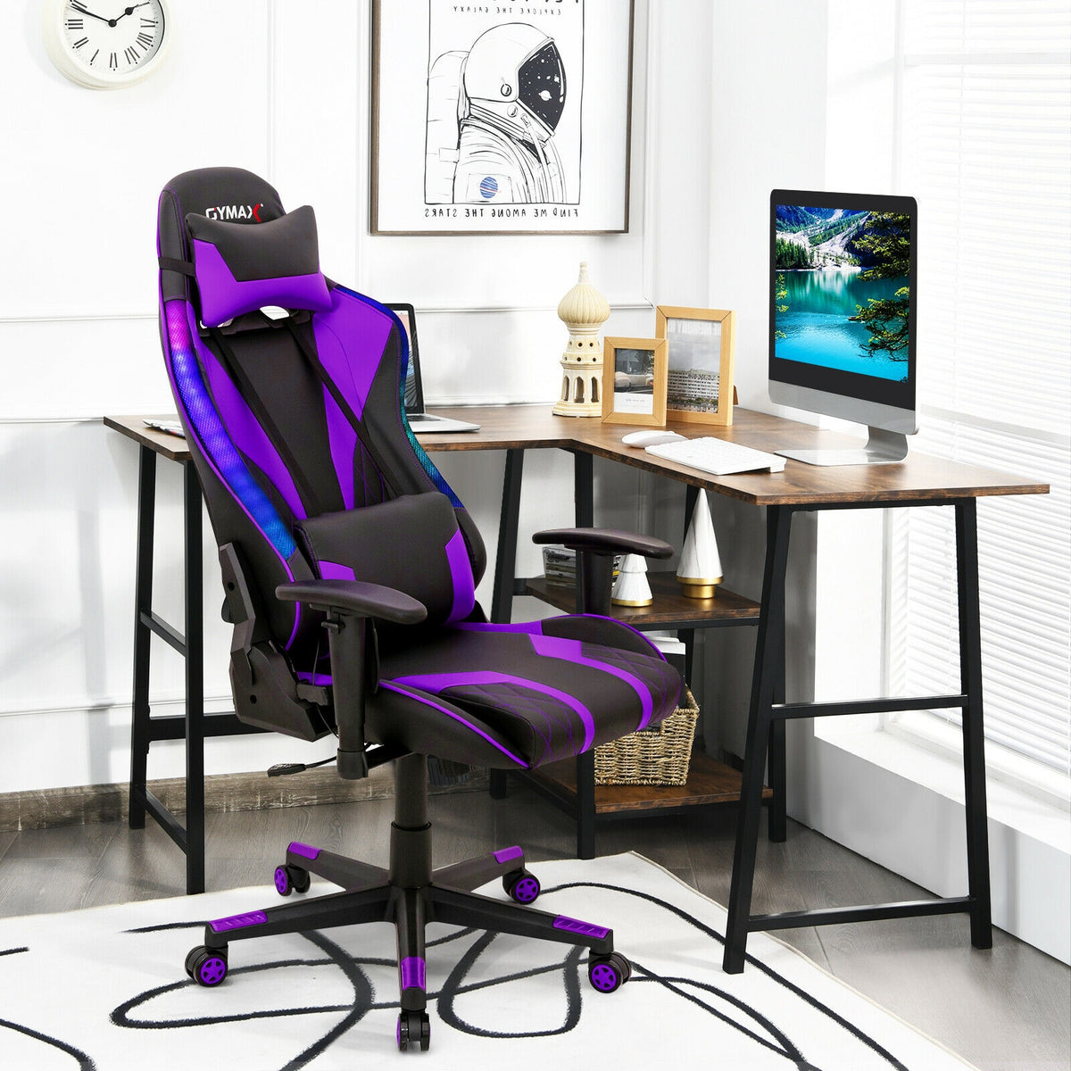 Gaming Chair Adjustable Swivel Computer Chair with Dynamic LED Lights-Purple-Gaming Chairs-DECOROLALA
