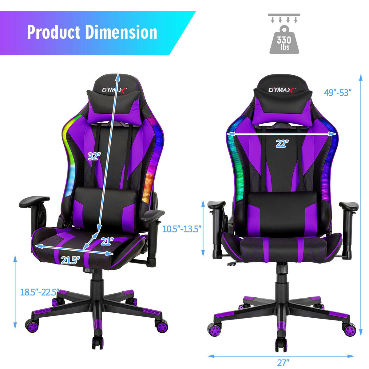 Gaming Chair Adjustable Swivel Computer Chair with Dynamic LED Lights-Purple-Gaming Chairs-DECOROLALA