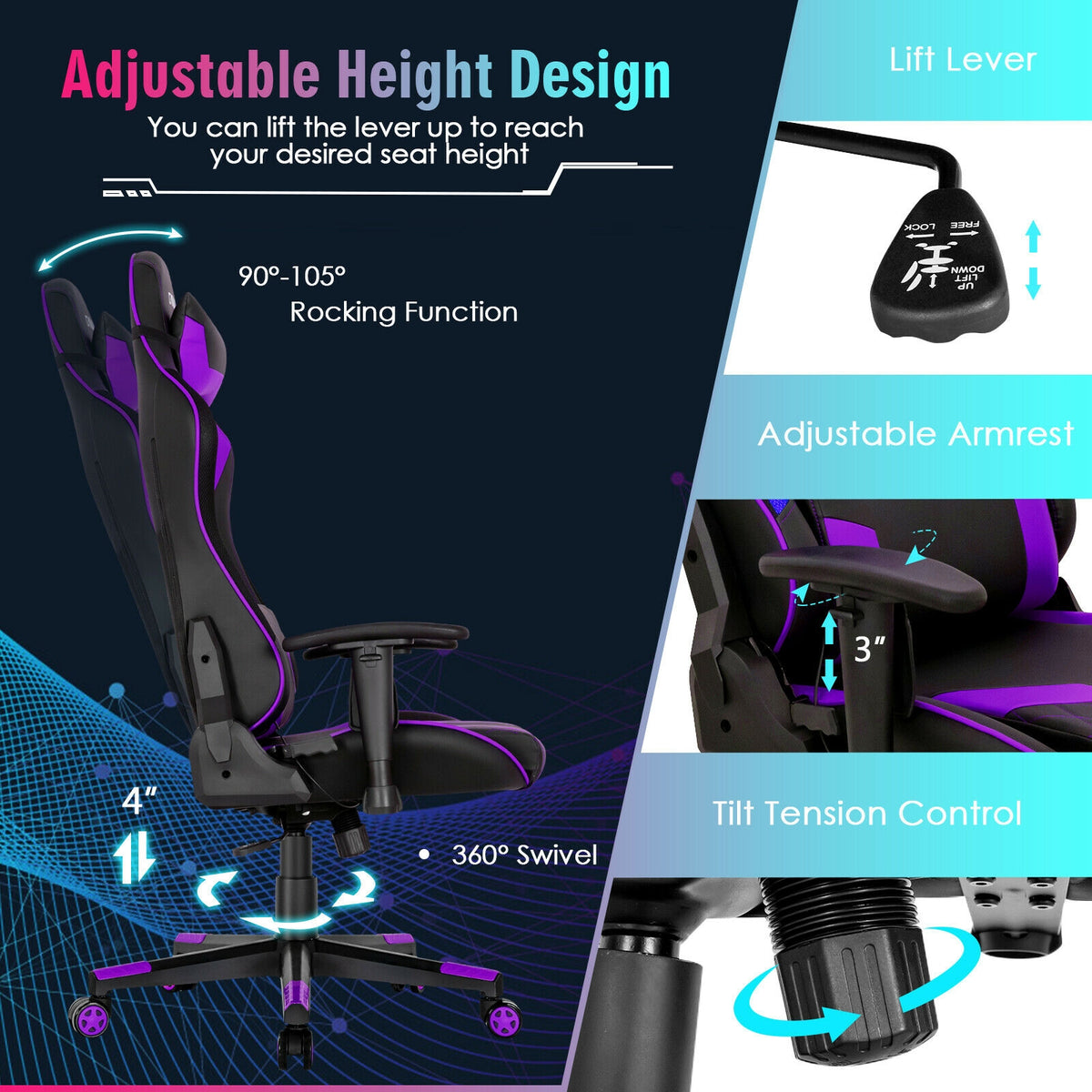 Gaming Chair Adjustable Swivel Computer Chair with Dynamic LED Lights-Purple-Gaming Chairs-DECOROLALA