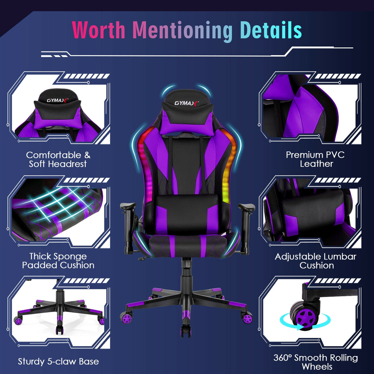 Gaming Chair Adjustable Swivel Computer Chair with Dynamic LED Lights-Purple-Gaming Chairs-DECOROLALA