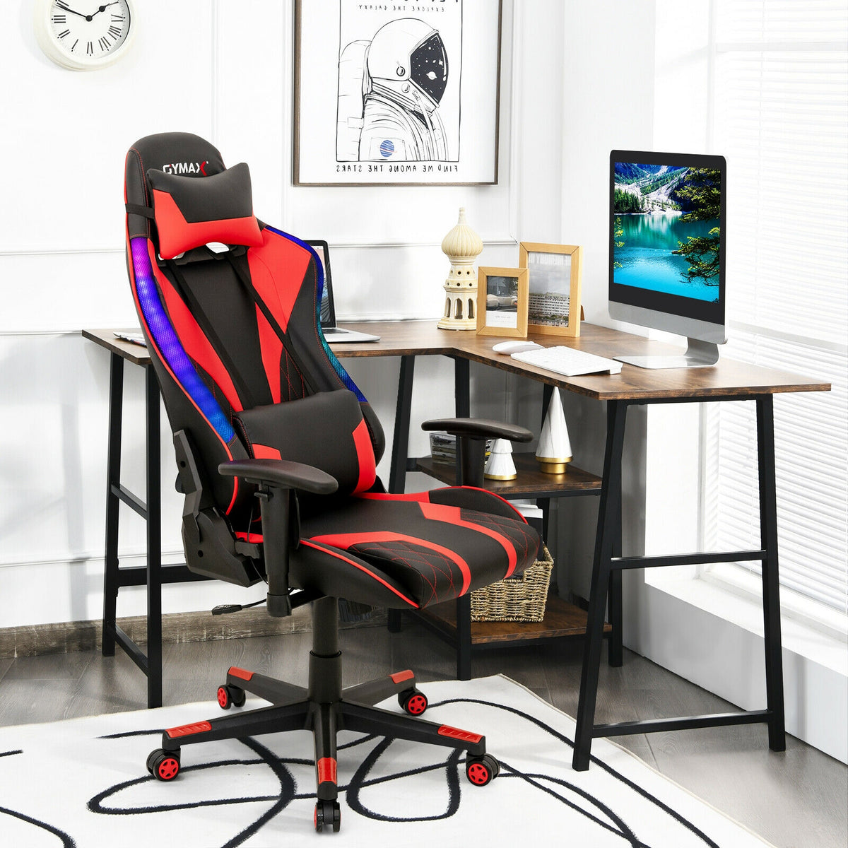 Gaming Chair Adjustable Swivel Computer Chair with Dynamic LED Lights-Red-Gaming Chairs-DECOROLALA