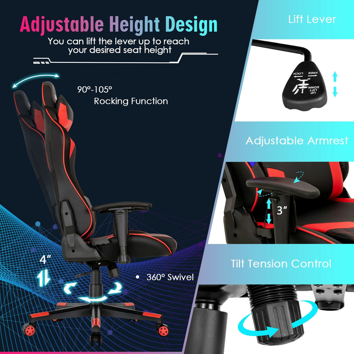 Gaming Chair Adjustable Swivel Computer Chair with Dynamic LED Lights-Red-Gaming Chairs-DECOROLALA