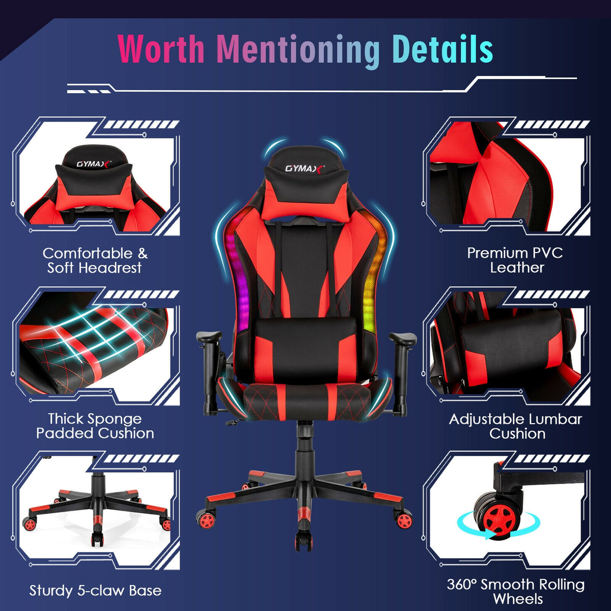Gaming Chair Adjustable Swivel Computer Chair with Dynamic LED Lights-Red-Gaming Chairs-DECOROLALA