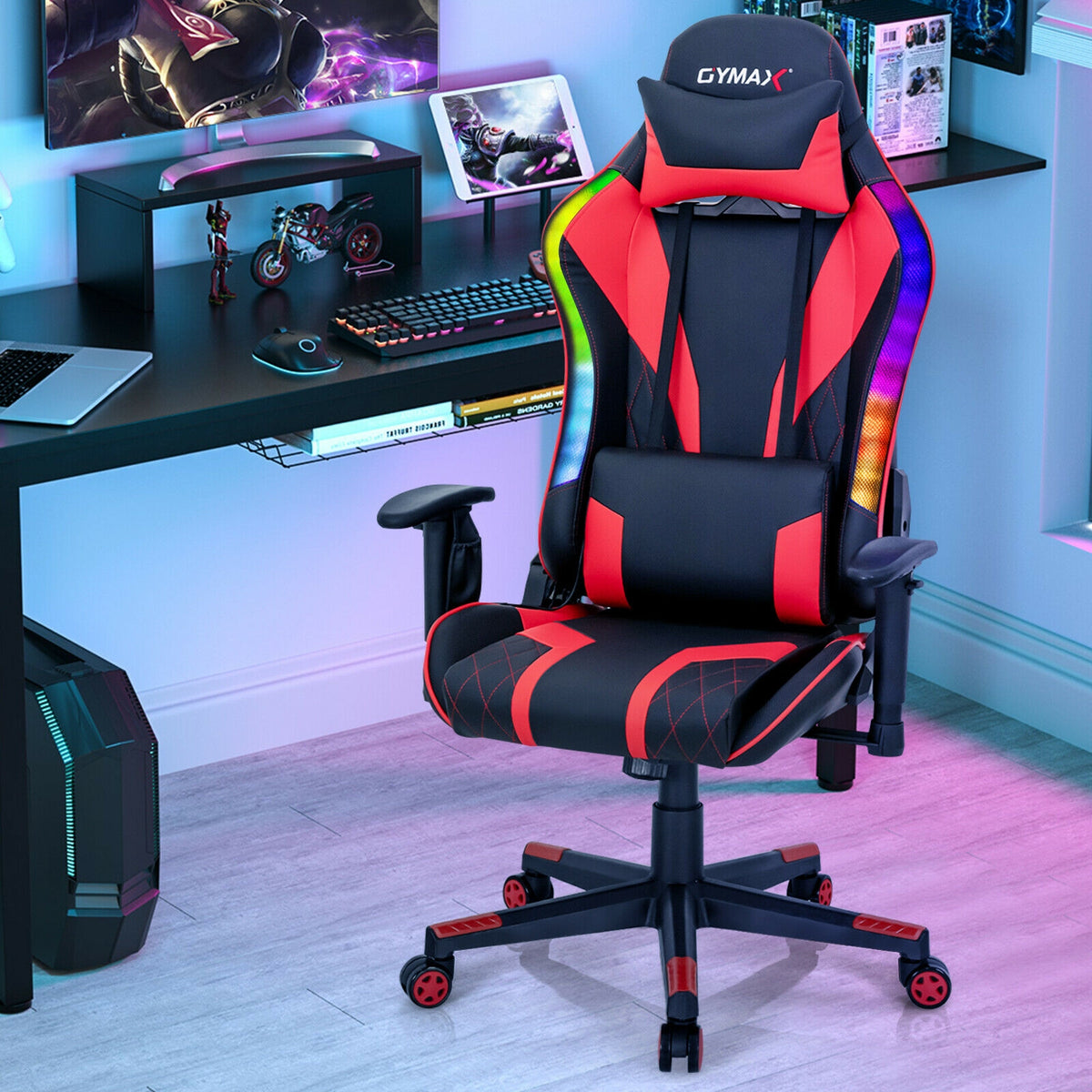 Gaming Chair Adjustable Swivel Computer Chair with Dynamic LED Lights-Red-Gaming Chairs-DECOROLALA