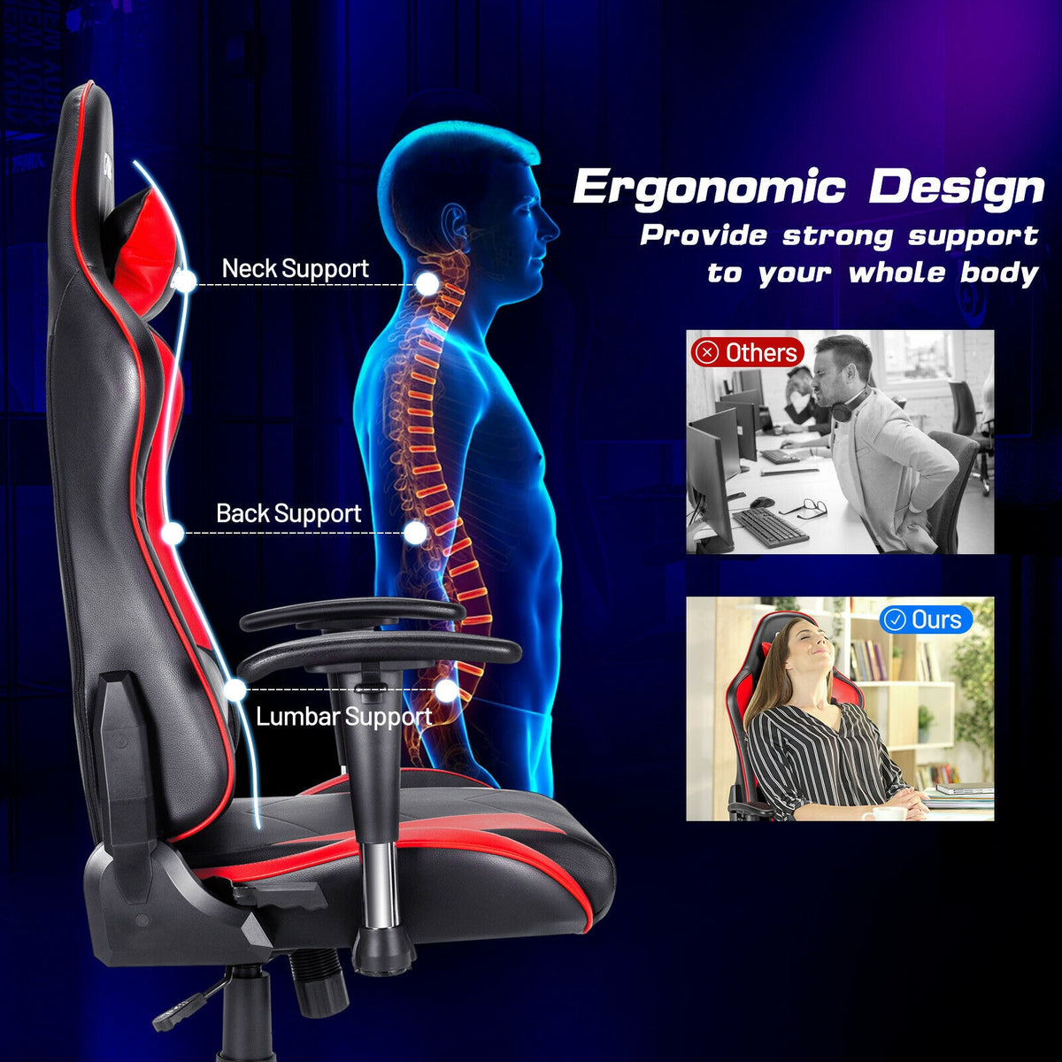 Gaming Chair Adjustable Swivel Racing Style Computer Office Chair-Red-Gaming Chairs-DECOROLALA