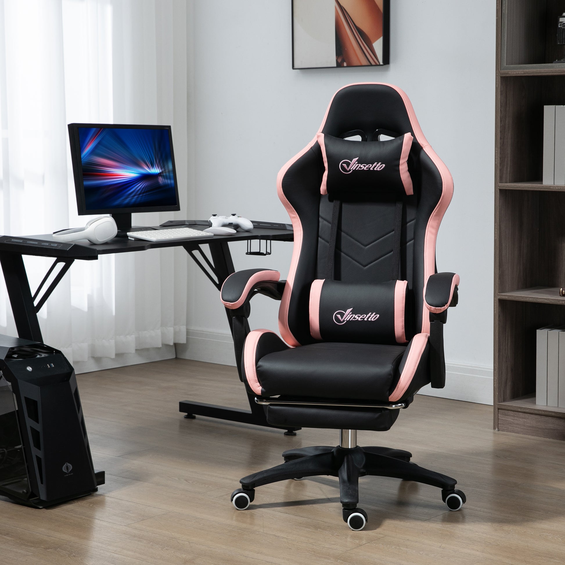 Gaming Chair - Black PU Leather with Footrest & Recline-DECOROLALA