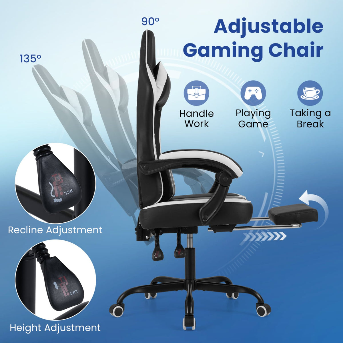 Gaming Chair Height Adjustable Computer Chair with Headrest Ergonomic Office Task Chair-Black-Gaming Chairs-DECOROLALA