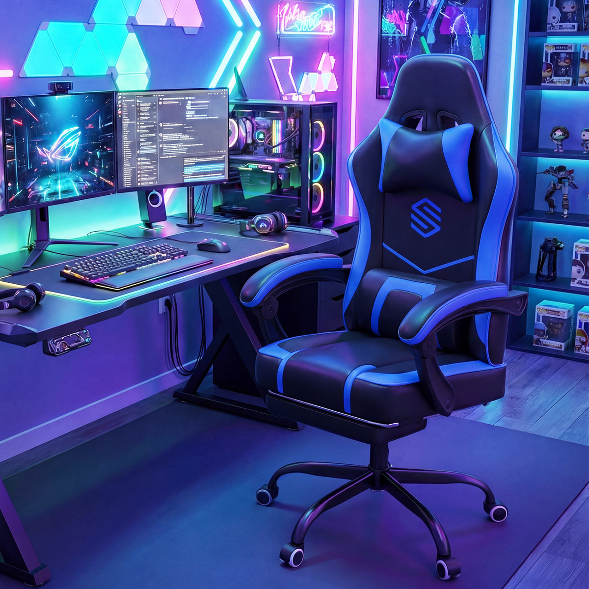 Gaming Chair Height Adjustable Computer Chair with Headrest Ergonomic Office Task Chair-Navy-Gaming Chairs-DECOROLALA