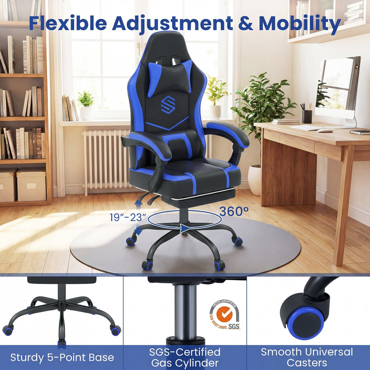 Gaming Chair Height Adjustable Computer Chair with Headrest Ergonomic Office Task Chair-Navy-Gaming Chairs-DECOROLALA