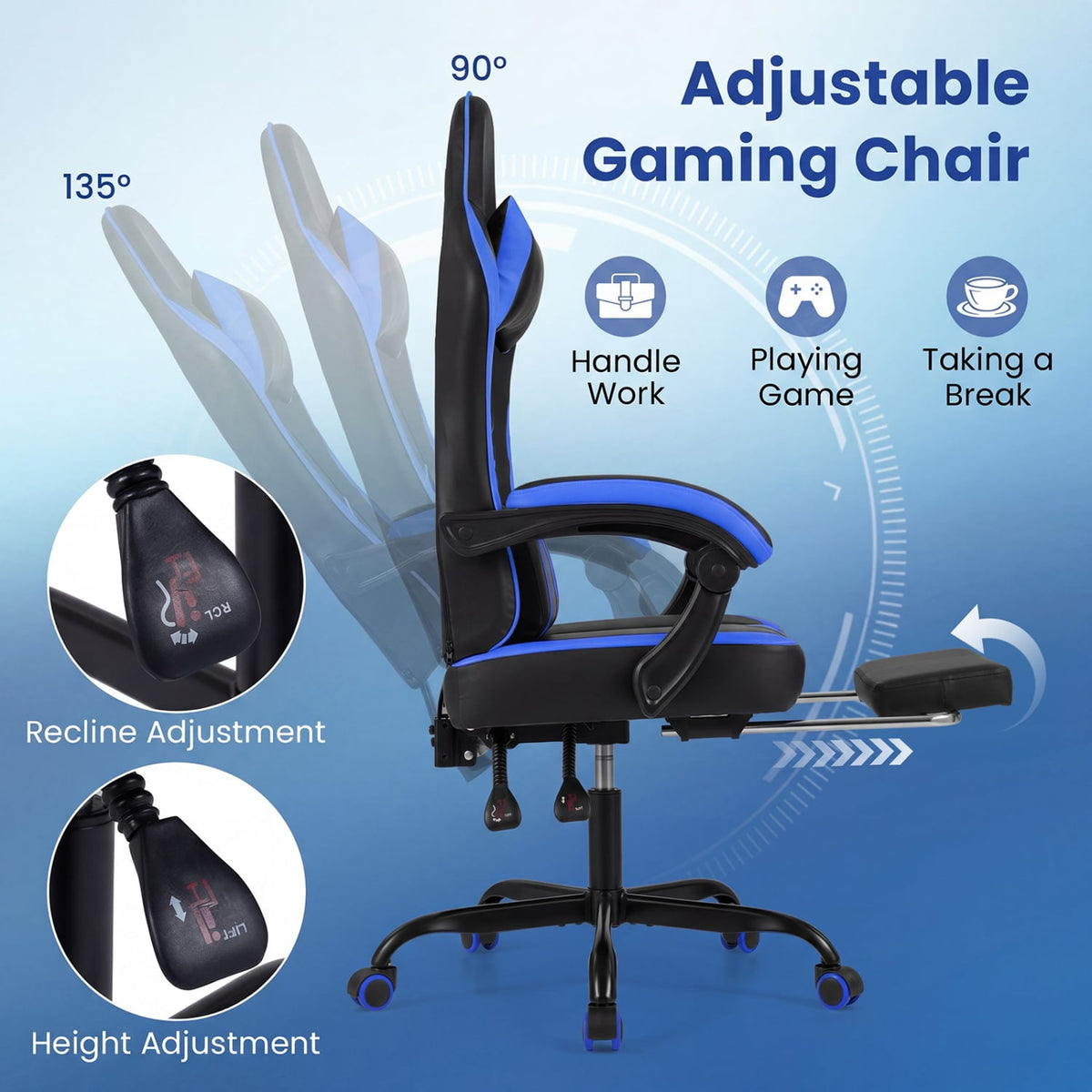 Gaming Chair Height Adjustable Computer Chair with Headrest Ergonomic Office Task Chair-Navy-Gaming Chairs-DECOROLALA