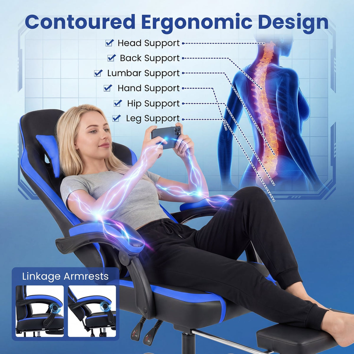 Gaming Chair Height Adjustable Computer Chair with Headrest Ergonomic Office Task Chair-Navy-Gaming Chairs-DECOROLALA