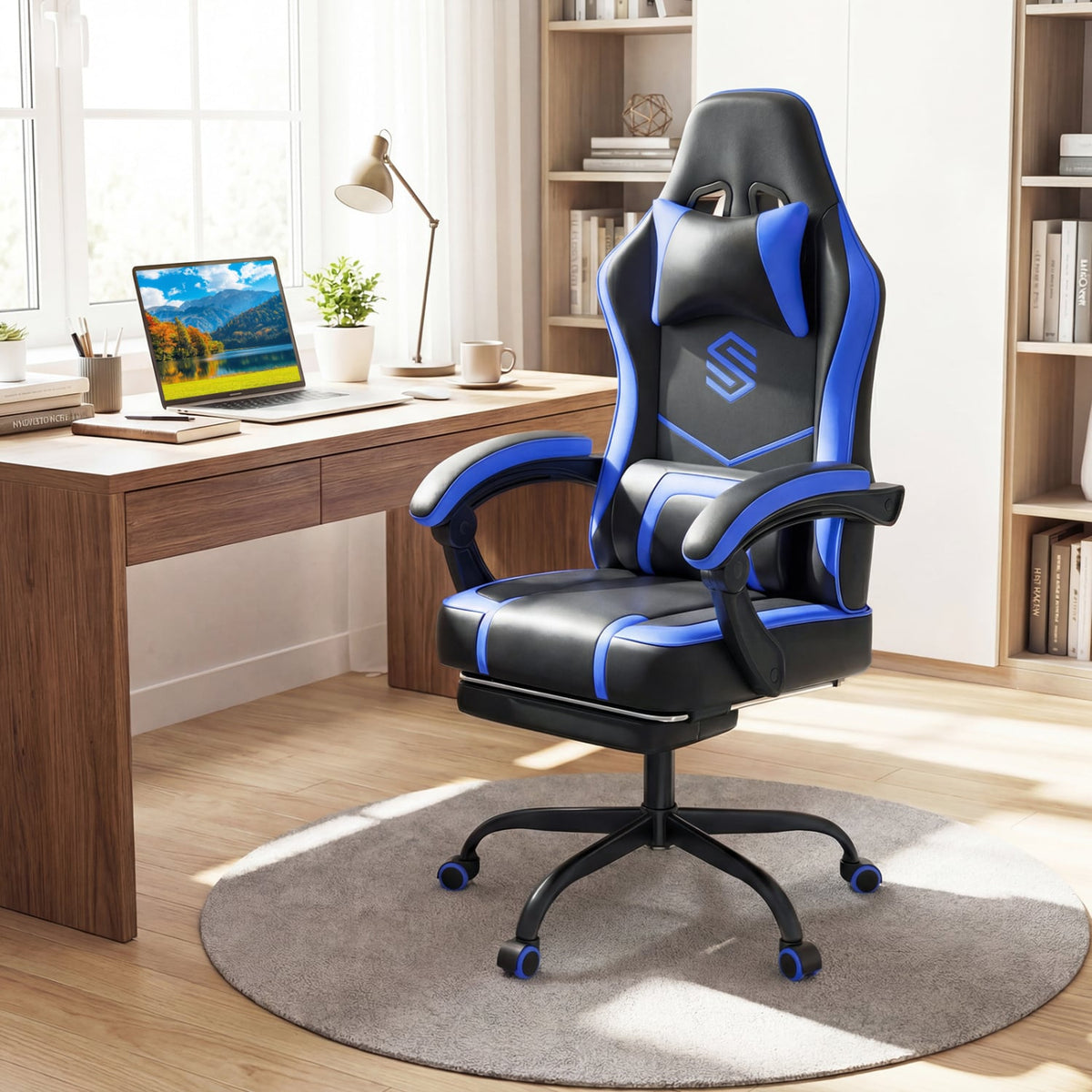 Gaming Chair Height Adjustable Computer Chair with Headrest Ergonomic Office Task Chair-Navy-Gaming Chairs-DECOROLALA