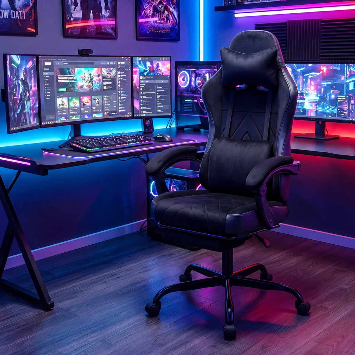 Gaming Chair Height Adjustable Computer Chair with Headrest Lumbar Support Linkage Armrests-Black-Gaming Chairs-DECOROLALA