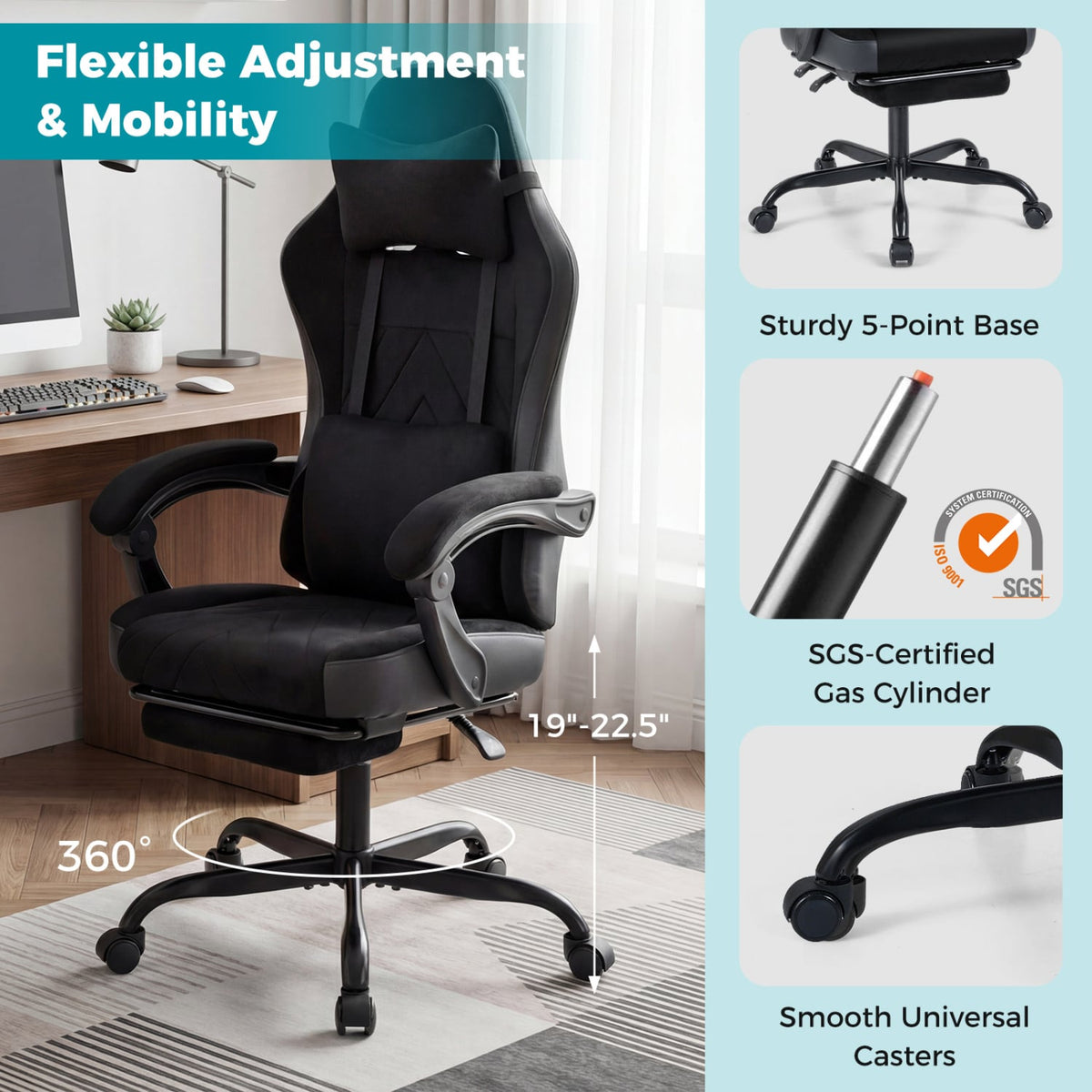 Gaming Chair Height Adjustable Computer Chair with Headrest Lumbar Support Linkage Armrests-Black-Gaming Chairs-DECOROLALA