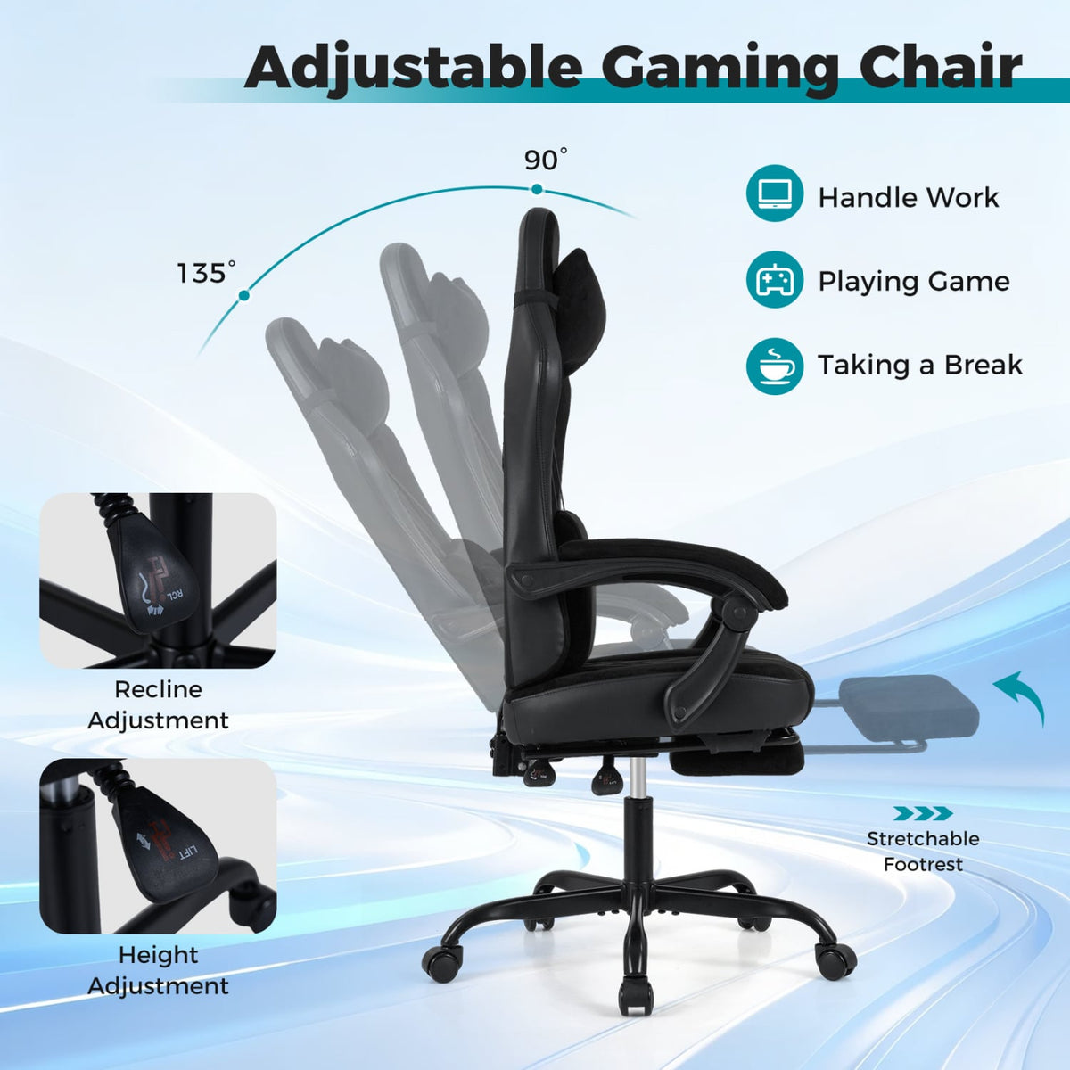 Gaming Chair Height Adjustable Computer Chair with Headrest Lumbar Support Linkage Armrests-Black-Gaming Chairs-DECOROLALA