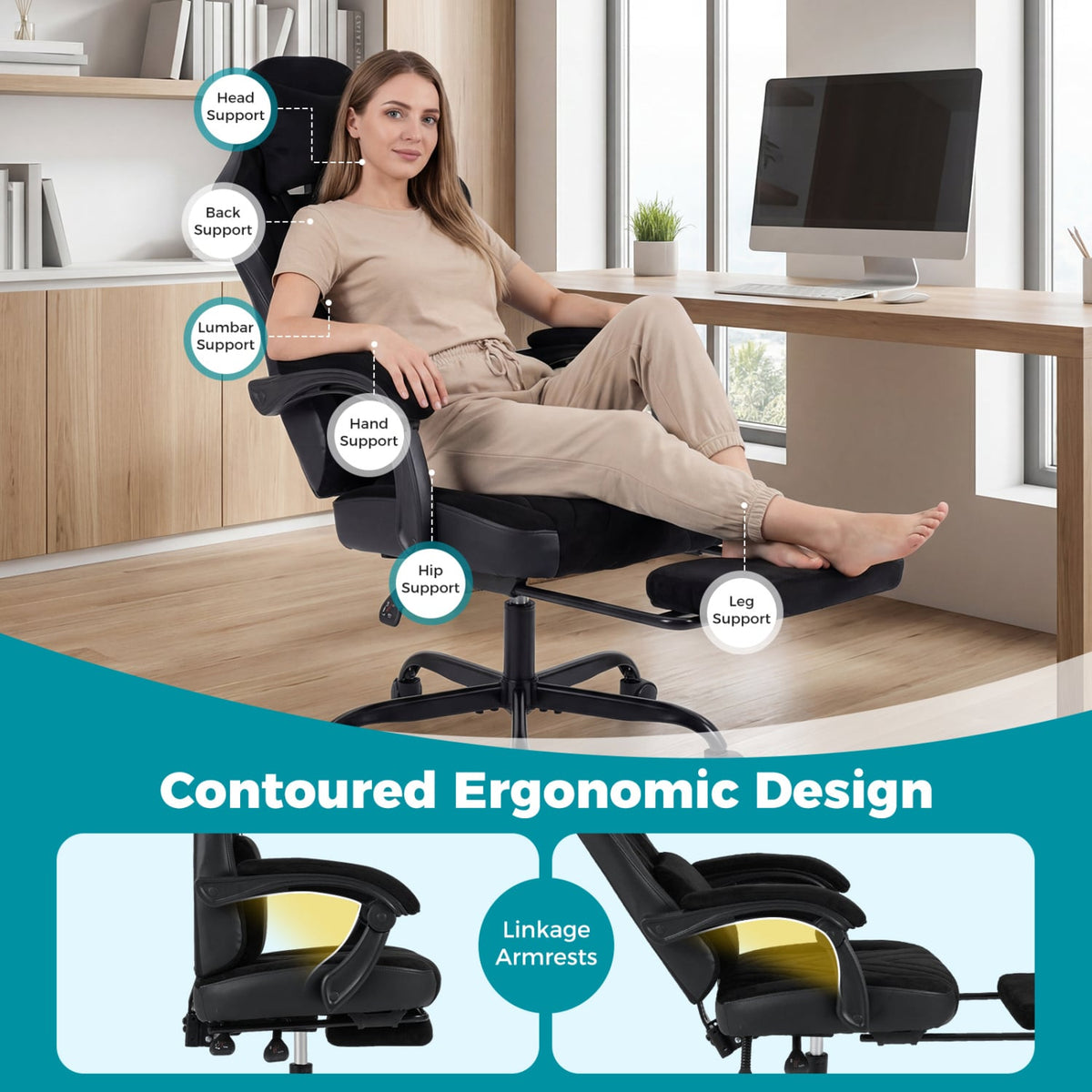 Gaming Chair Height Adjustable Computer Chair with Headrest Lumbar Support Linkage Armrests-Black-Gaming Chairs-DECOROLALA