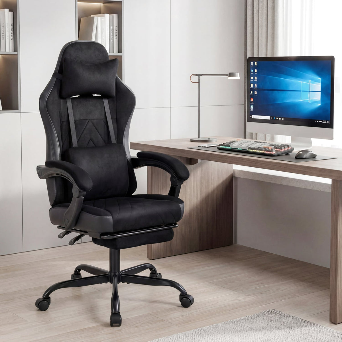 Gaming Chair Height Adjustable Computer Chair with Headrest Lumbar Support Linkage Armrests-Black-Gaming Chairs-DECOROLALA