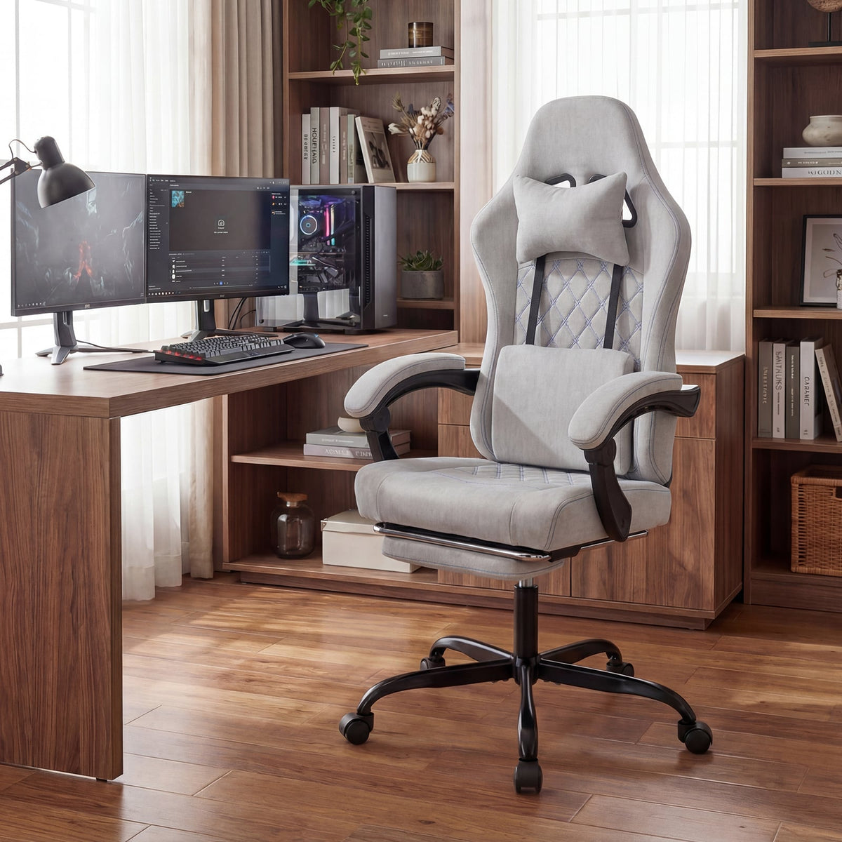 Gaming Chair Height Adjustable Computer Chair with Headrest Video Game Chair-Gray-Gaming Chairs-DECOROLALA