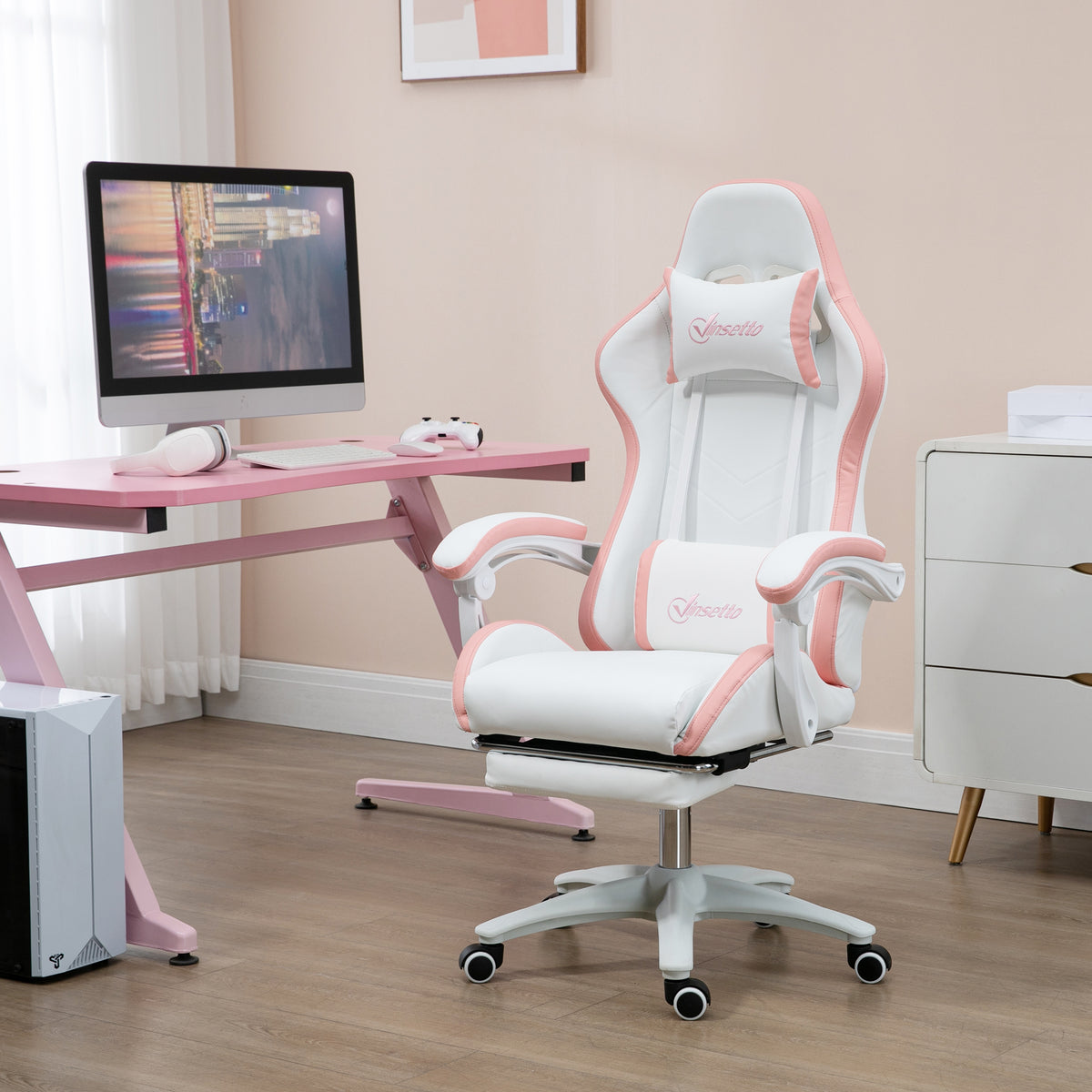 Gaming Chair - White PU Leather with Footrest & Recline-Office Products > Office Furniture > Office Chairs > Video Game Chairs-DECOROLALA