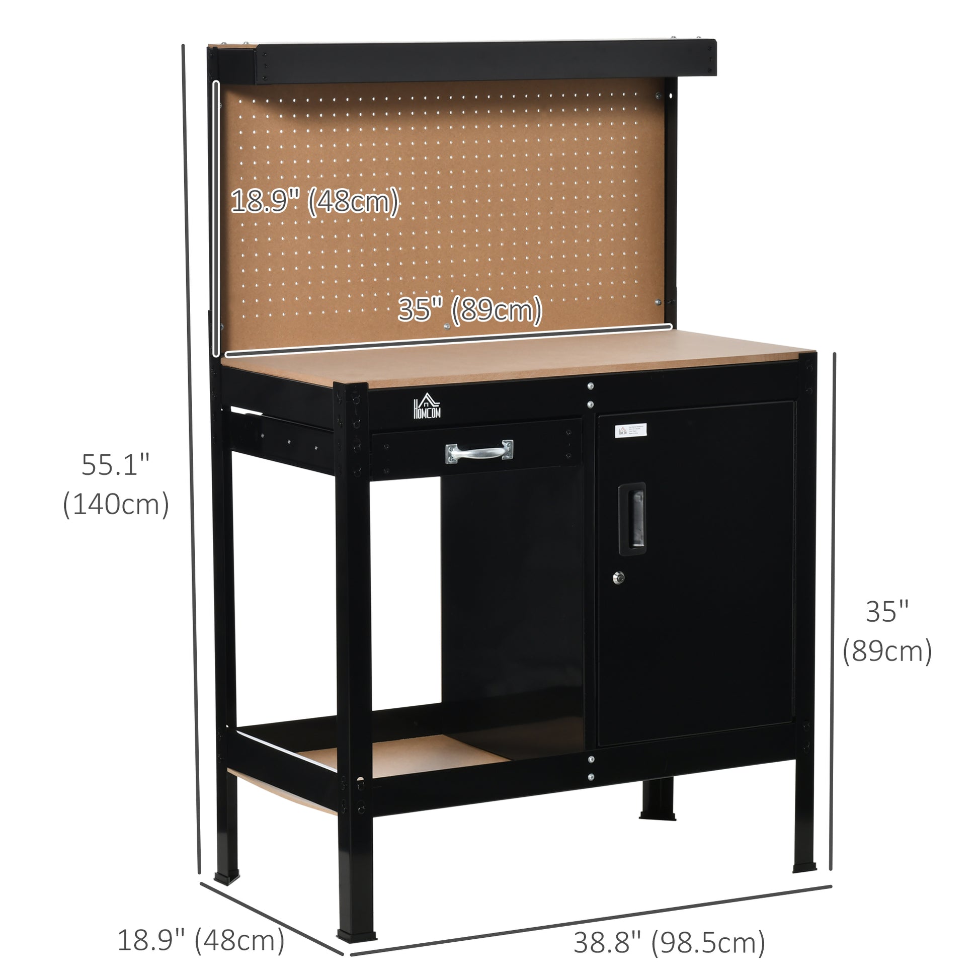 Garage Workbench with Pegboard and Storage Cabinet - Black-DECOROLALA