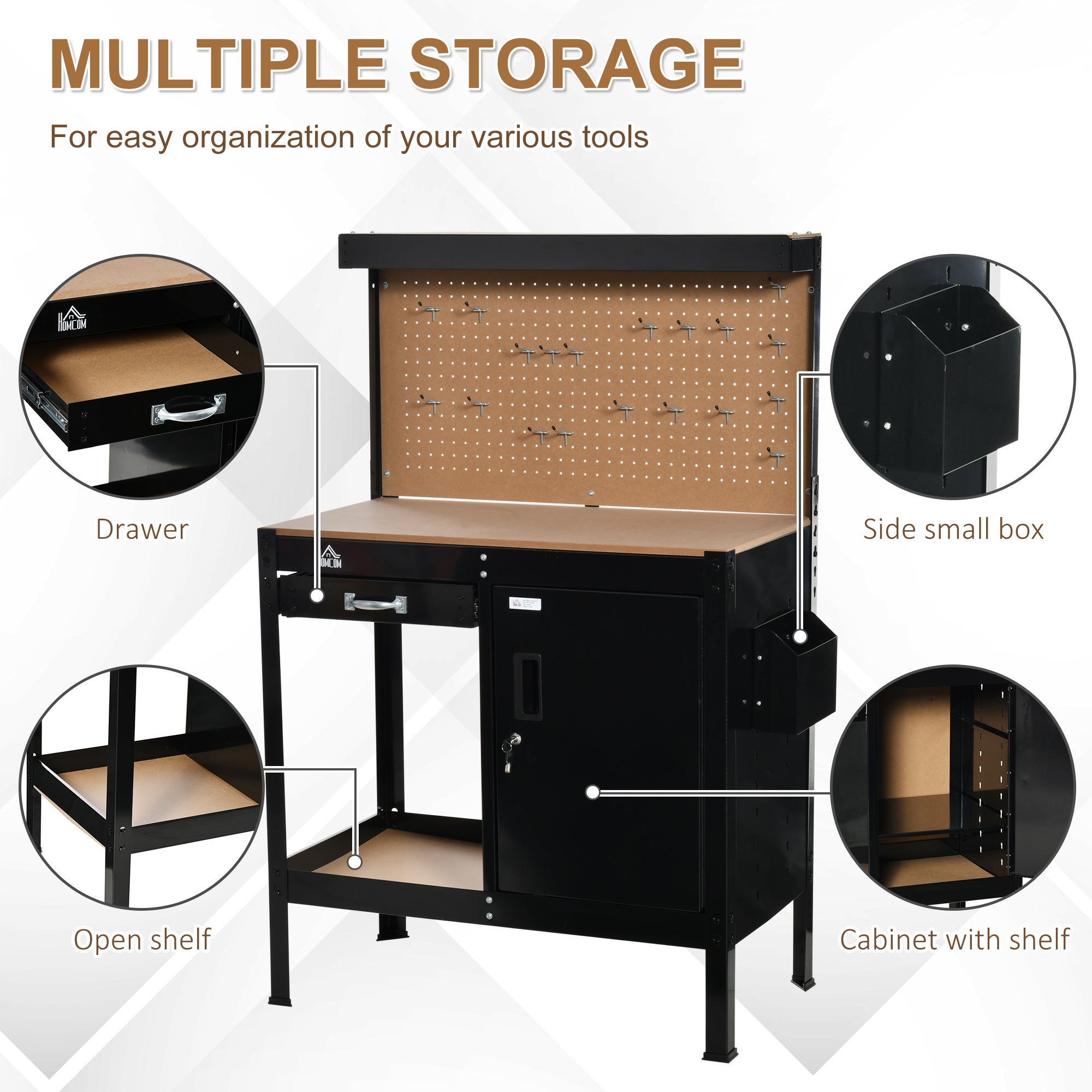 Garage Workbench with Pegboard and Storage Cabinet - Black-DECOROLALA