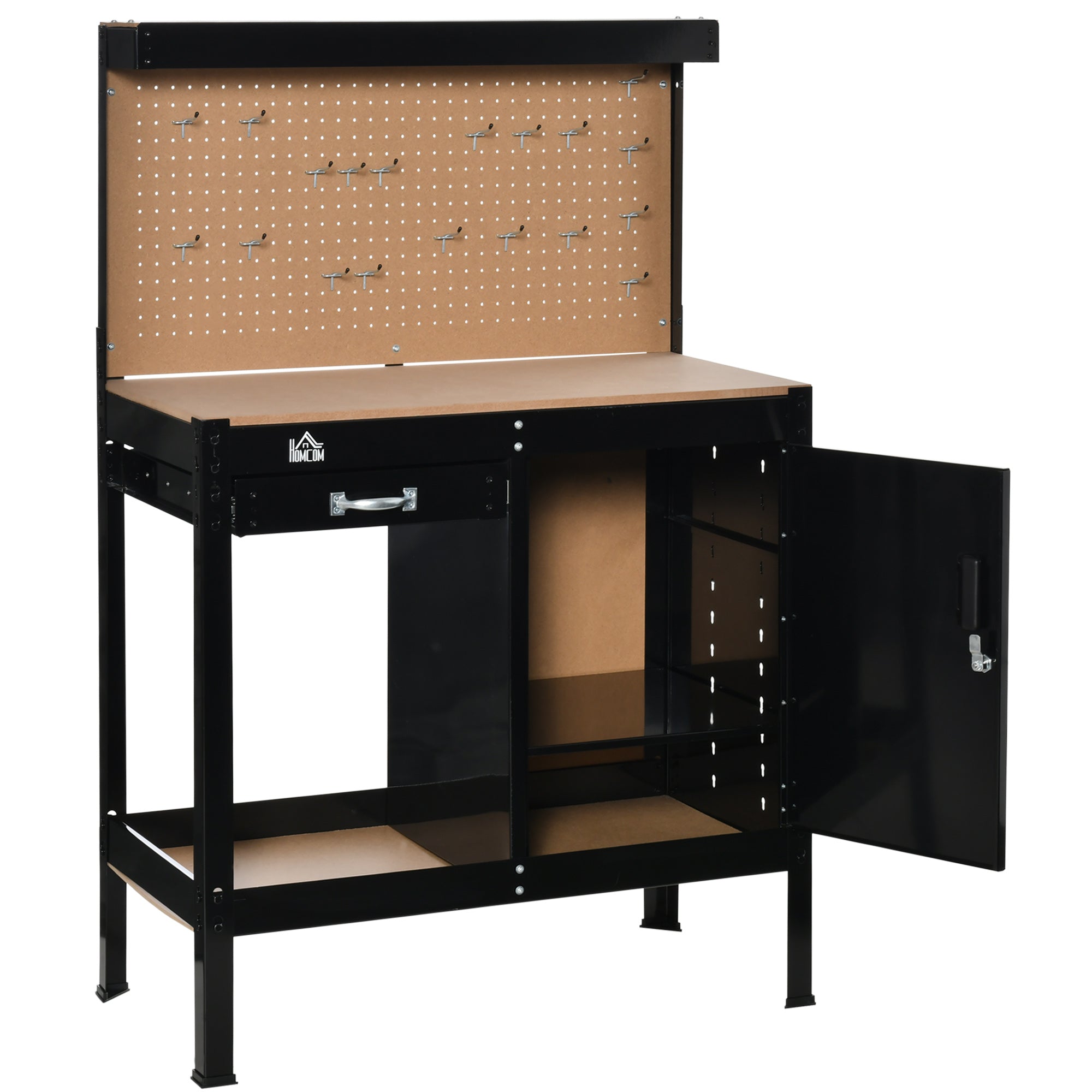 Garage Workbench with Pegboard and Storage Cabinet - Black-DECOROLALA