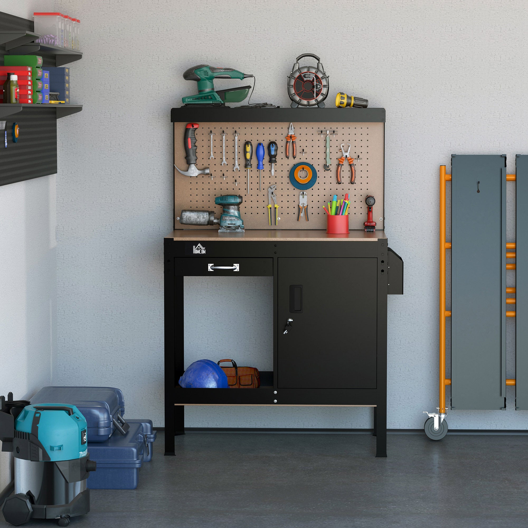 Garage Workbench with Pegboard and Storage Cabinet - Black-DECOROLALA