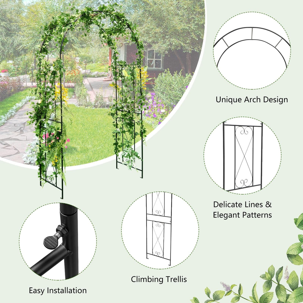 Garden Arch Arbor Trellis Patio Plant Stand Rack Archway-Black-Garden Arbors-DECOROLALA