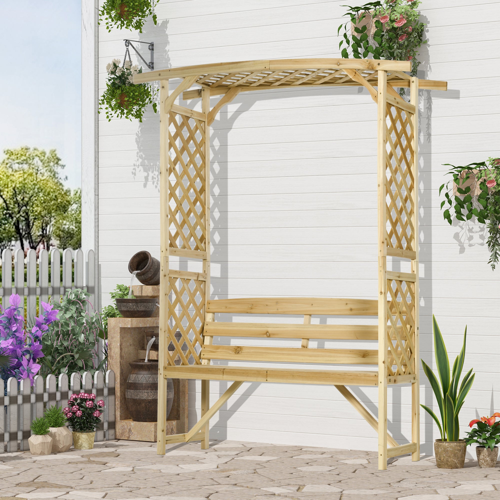 Garden Arch Bench - Wooden Arbor with Trellises-DECOROLALA