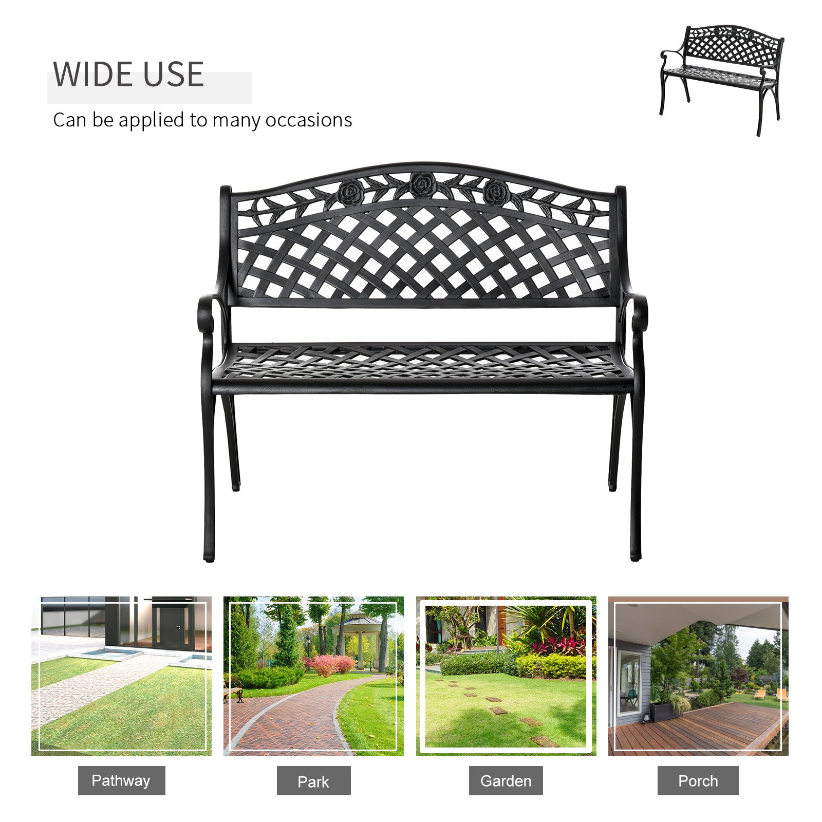 Garden Bench 40" Aluminum 2-Person Black-DECOROLALA