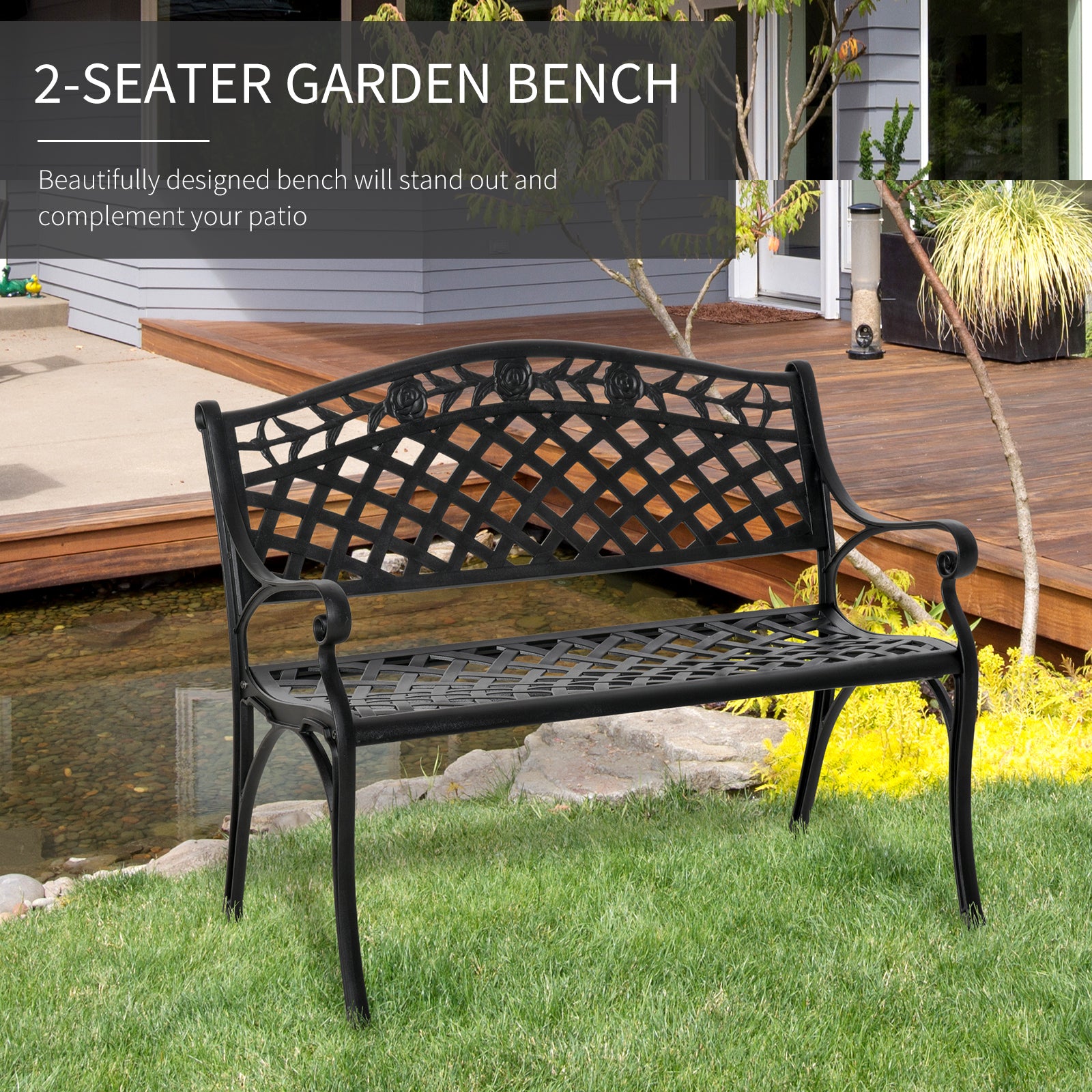 Garden Bench 40" Aluminum 2-Person Black-DECOROLALA