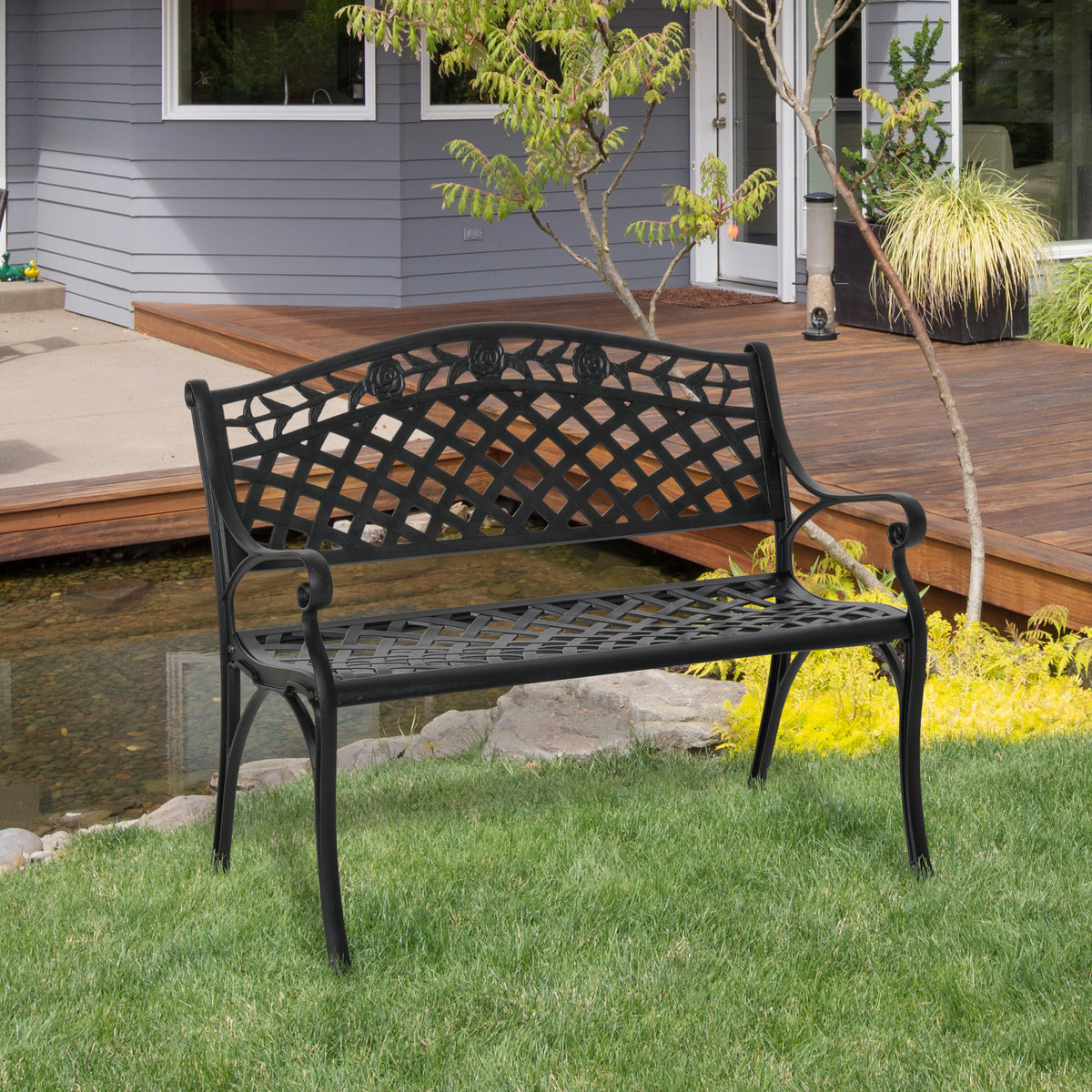 Garden Bench 40" Aluminum 2-Person Black-Outdoor Benches-DECOROLALA