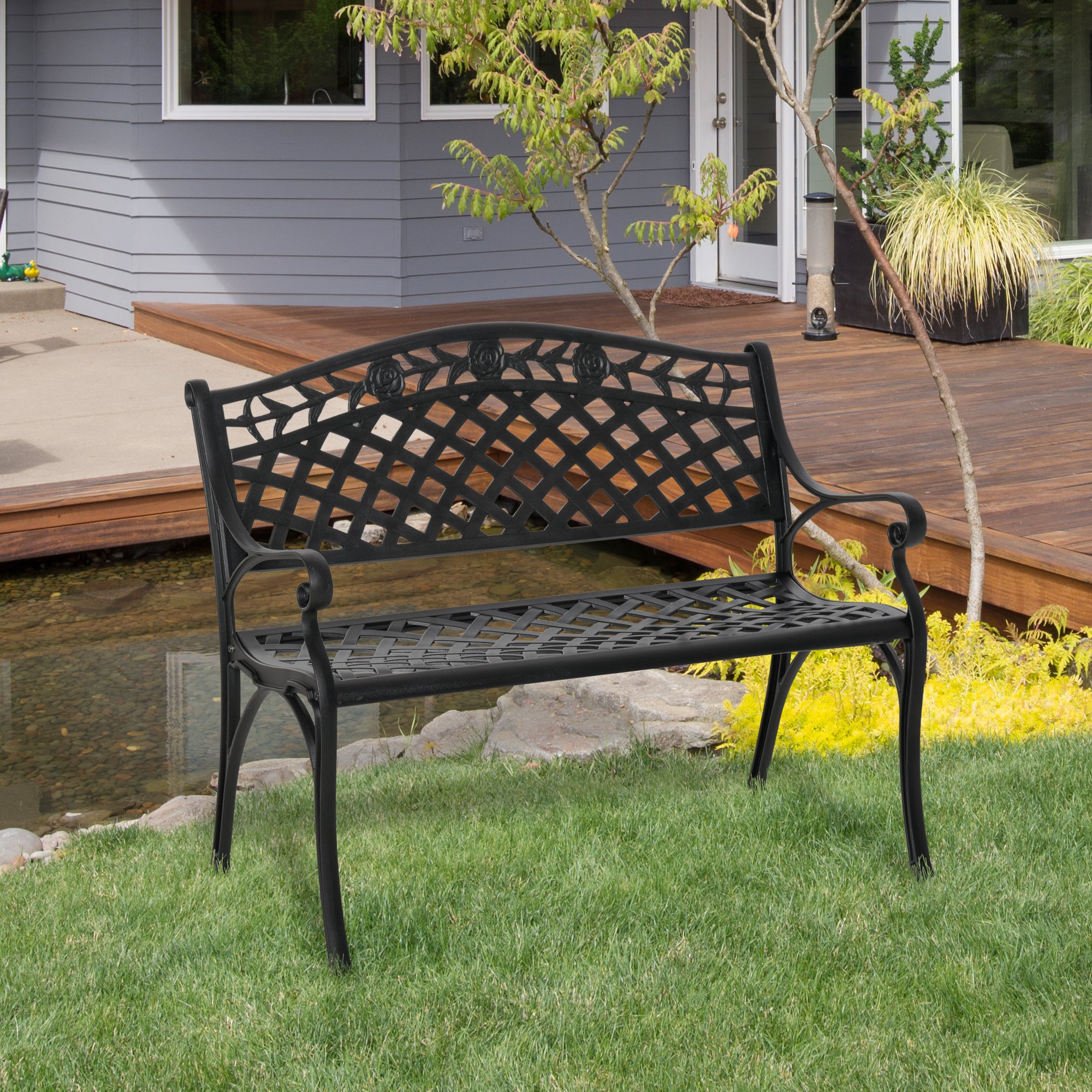 Garden Bench 40" Aluminum 2-Person Black-DECOROLALA