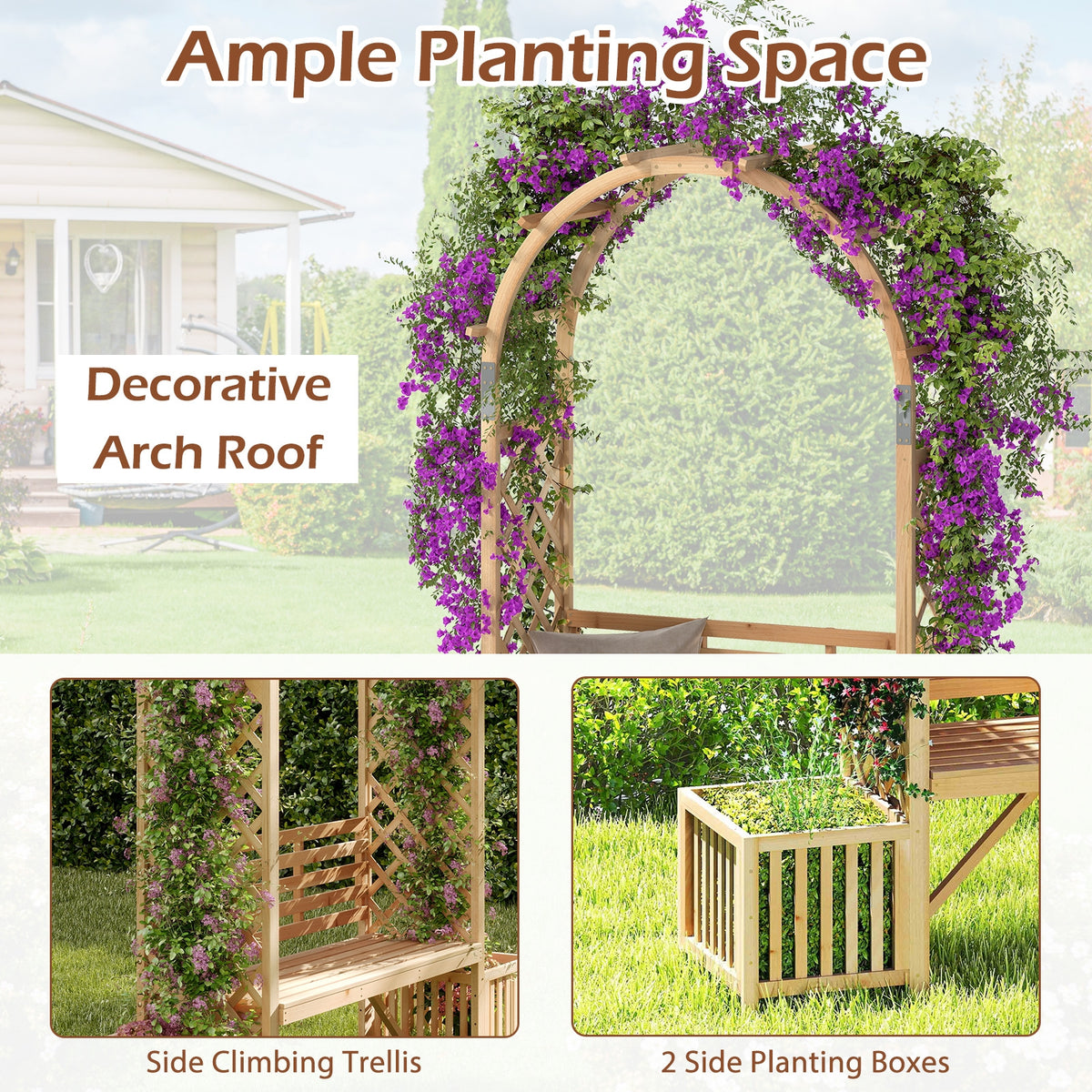 Garden Bench Arbor Arch Wooden Garden Arbor for Climbing Plants-Natural-Garden Arbors-DECOROLALA
