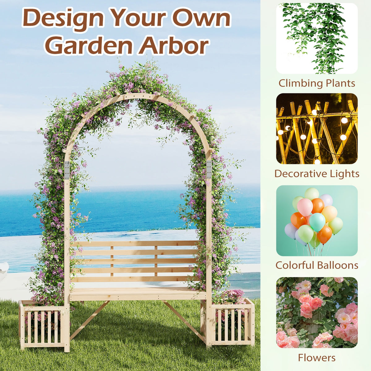 Garden Bench Arbor Arch Wooden Garden Arbor for Climbing Plants-Natural-Garden Arbors-DECOROLALA